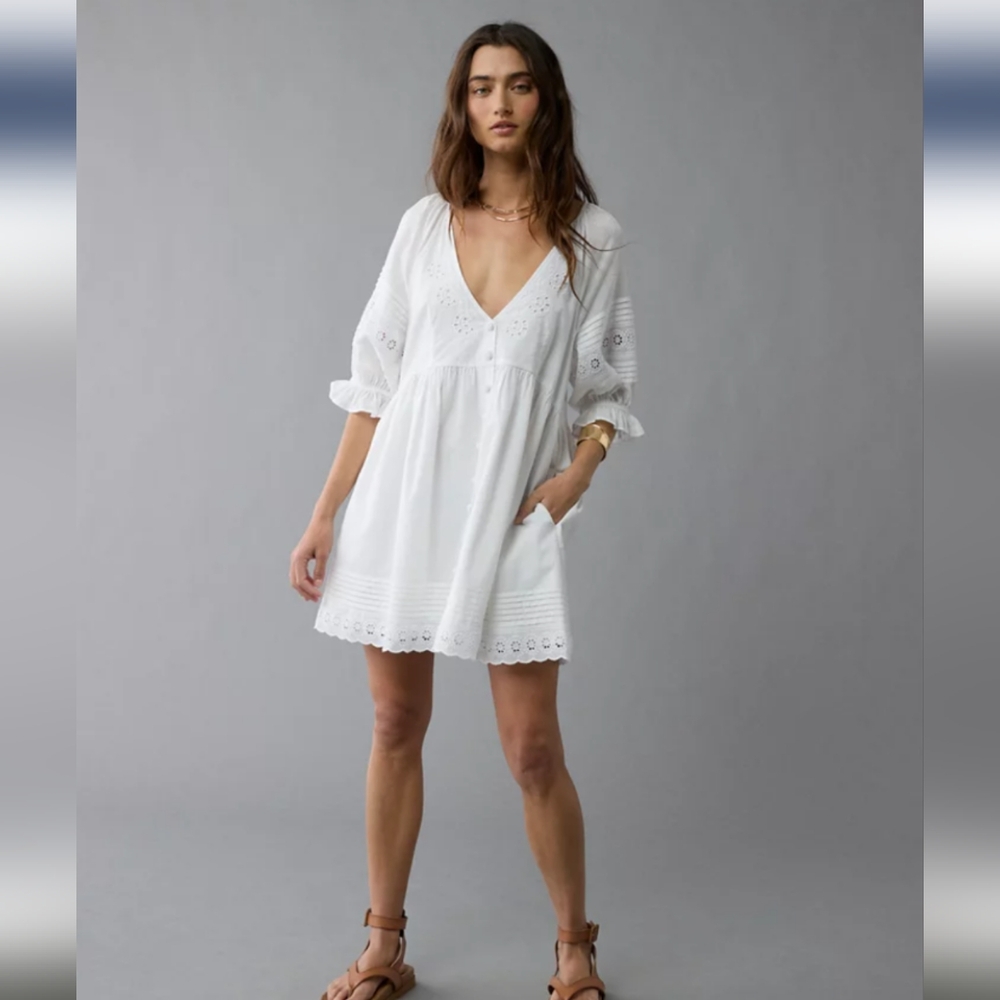 American Eagle Outfitters White V-Neck Bishop Sleeve Sundress